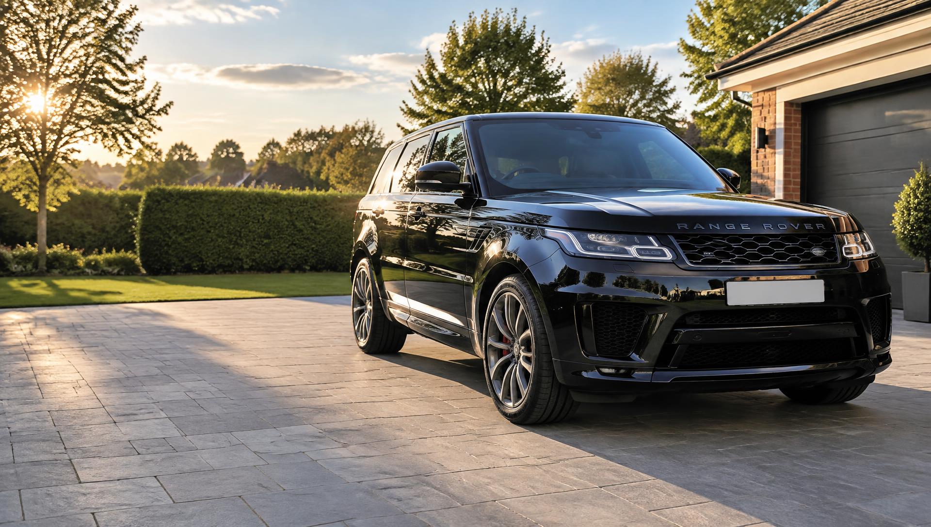 Freshly detailed glossy black Range Rover Sport on a sunny Manchester driveway
